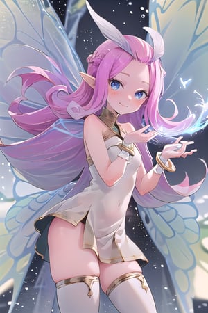 ((masterpiece,best quality)), absurdres,, Tasi_AFK, long pink hair, fairy, fairy wings, dress, thighhighs,   pointy ears, blushing, solo, smiling, looking at viewer, cowboy shot, cinematic composition, dynamic pose, contrapposto, 