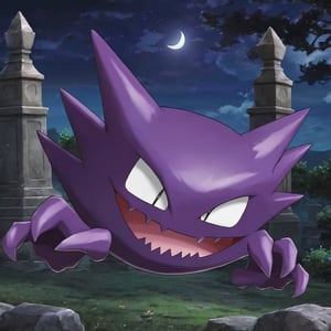 ((masterpiece,best quality)), , Haunter_Pokemon, floating, no humans, pokemon \(creature\),solo, smiling, looking at viewer,graveyard, crescent moon,cinematic composition,