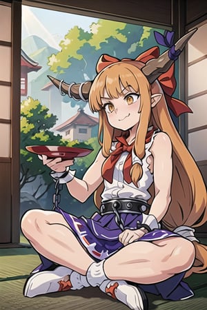 masterpiece, best quality,   ,1girl, ibuki suika, horns, solo, tree, long hair, skirt, horn ornament, shirt, sitting, cup, low-tied long hair, white shirt, horn ribbon, sleeveless, indian style, bow, orange hair, sakazuki, sleeveless shirt, outdoors, ribbon, socks, wrist cuffs, white socks, very long hair, hair bow, purple skirt, blue skirt, holding, holding cup, bangs, scenery, oni horns, belt, chain, hand on hip, day, red bow, gourd, oni, sidelocks, wide shot, alcohol, rock, horn bow, purple ribbon, east asian architecture, nature, sunlight, architecture, cuffs, closed mouth, orange eyes, indoors, shackles, sliding doors, smile, hand up, torn clothes, full body, neckerchief, forest, arm up, looking afar, looking to the side, bare shoulders