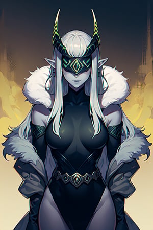 ,  Shemira_AFK, solo, pointy ears, horns, covered eyes, (grey skin:1.1), , (fur coat:1.5), bodysuit, belt, best quality, masterpiece, ultra high res, detailed skin, high detail,