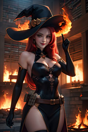 ((masterpiece,best quality)), absurdres, facesakimigirl,  young pretty face, Mirael_AFK, long red hair, black glove, smiling,  library fire and magic in background, cinematic composition, dynamic pose,
