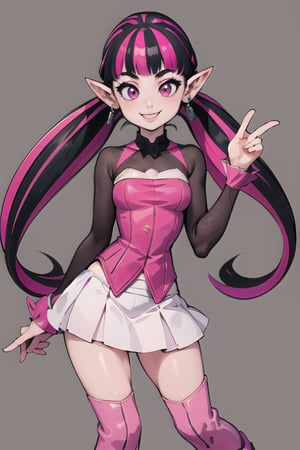 ((masterpiece,best quality)), absurdres,, Draculaura_MH, pink top, black hair, pink hair, multicolored hair, pointy ears,white skirt, pink knee boots, smiling, contrapposto