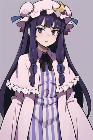 masterpiece, best quality,,1girl,solo,patchouli knowledge, purple hair,purple eyes,grey background,