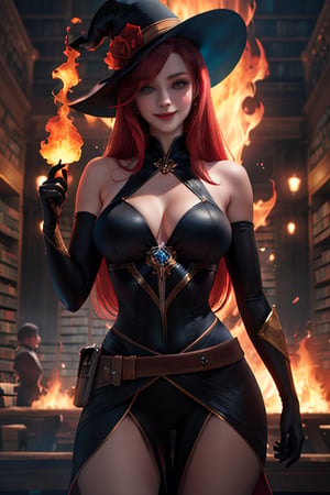 ((masterpiece,best quality)), absurdres, facesakimigirl,  young pretty face, Mirael_AFK, long red hair, black glove, smiling,  library fire and magic in background, cinematic composition, dynamic pose,