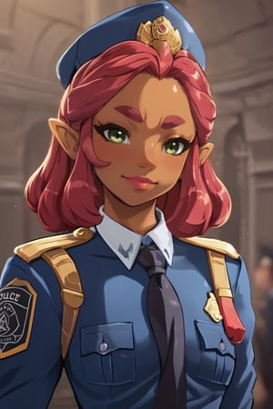 4k resolution, intricately detailed, trending on artstation,
((best quality)), ((highly detailed)), masterpiece, 
beautiful woman, full lips,  
Riju_Zelda, solo, smile, 
smug, blue police uniform, tie, 