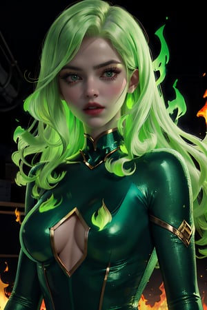 ((masterpiece,best quality)), absurdres, cinematic composition,, fire_lit_DC, 1girl, green glow, upper body, long hair, smug, holding green fireball, magic,