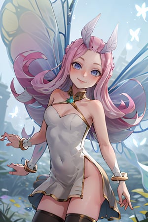 ((masterpiece,best quality)), absurdres,, Tasi_AFK, long pink hair, fairy, fairy wings, dress, thighhighs,   blushing, solo, smiling, looking at viewer, cowboy shot, cinematic composition, dynamic pose, contrapposto, 
