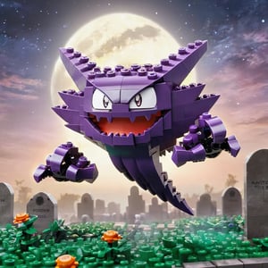((masterpiece,best quality)), , Haunter_Pokemon, floating, no humans, pokemon \(creature\),solo, evil smile, looking at viewer, graveyard, crescent moon,cinematic composition, ,lego