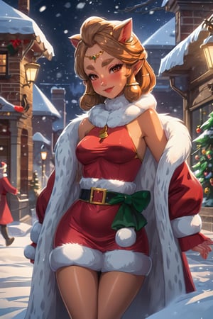 4k resolution, intricately detailed, trending on artstation,
((best quality)), ((highly detailed)), masterpiece, 
beautiful woman, full lips,  
Riju_Zelda, solo, smile, 
(fur coat:1.5), red dress, santa hat, belt, snow, ice, snowing, Christmas Tree