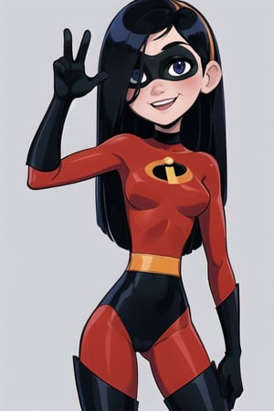 masterpiece, best quality, 1girl, violetparr, mask, long hair, black hair,  hair over one eye, cowboy shot, dynamic pose, solo, looking at viewer, smile, simple background 