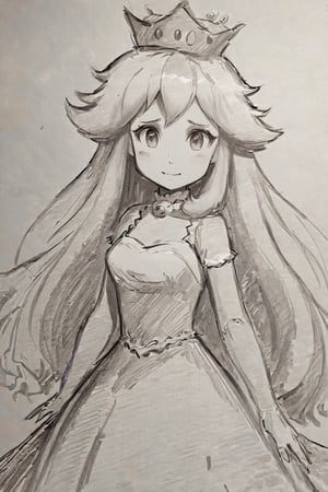 ((masterpiece,best quality)), pretty eyes, detailed face,
(Pencil_Sketch:1.2, messy lines, greyscale, traditional media, sketch), unfinished, hatching (texture) , ((masterpiece,best quality)), absurdres, , Boosette_Mario, 1girl, long hair, white hair, long white dress, ballroom dress, white gloves, solo, smiling, blushing, looking at viewer, cowboy shot,