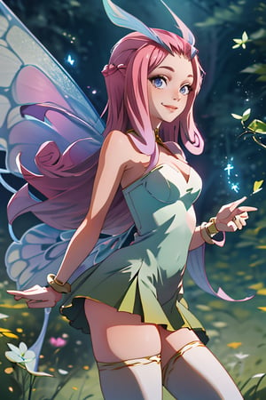 ((masterpiece,best quality)), absurdres,, Tasi_AFK, long pink hair, fairy, fairy wings, dress, thighhighs,   side view, solo, smiling, looking at viewer, cowboy shot, cinematic composition, dynamic pose, contrapposto, 