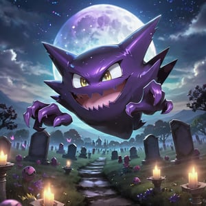 ((masterpiece,best quality)), , Haunter_Pokemon, floating, no humans, pokemon \(creature\),solo, evil smile, looking at viewer, graveyard, crescent moon,cinematic composition, ,ColorART