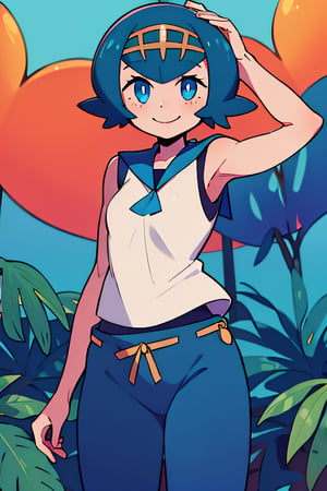 ((masterpiece,best quality)), absurdres,, Lana_Pokemon, sailor collar, sleeveless shirt, blue pants, solo, smiling, looking at viewer, cowboy shot, tropical background, cinematic composition, dynamic pose,