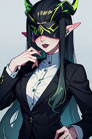 ,  Shemira_AFK, solo, pointy ears, horns, covered eyes, (black hair:1.2), grey blazer, lipstick, open white shirt, lawyer, best quality, masterpiece, ultra high res, detailed skin, high detail,