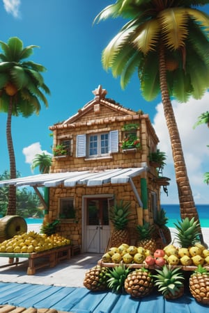 4k resolution, intricately detailed, trending on artstation, ((best quality)), ((highly detailed)), masterpiece, scenery, no humans,
outside, Delfino_Plaza, small fruit stand, pineapples, coconuts, palm tree, small house, clear blue sky, realistically detailed, HDR, ,Delfino_Plaza,more detail XL