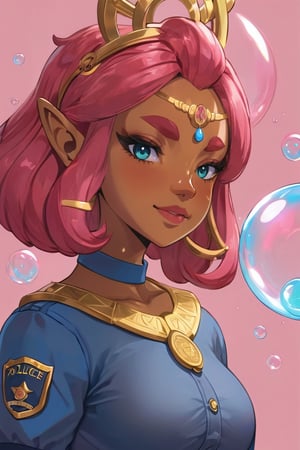 4k resolution, intricately detailed, trending on artstation,
((best quality)), ((highly detailed)), masterpiece, 
beautiful woman, full lips,  
Riju_Zelda, solo, smile, 
smug, blue police uniform, bubblegum bubble