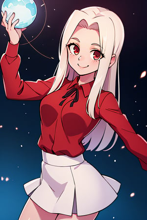 ((masterpiece,best quality)), absurdres, , Irisviel_von_Einzbern, red shirt, white skirt, solo, smiling, looking at viewer, cowboy shot, cinematic composition, dynamic pose