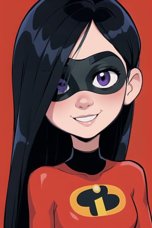 masterpiece, best quality, 1girl, violetparr, mask, long hair, black hair,  hair over one eye, closeup, solo, looking at viewer, smile, simple background 