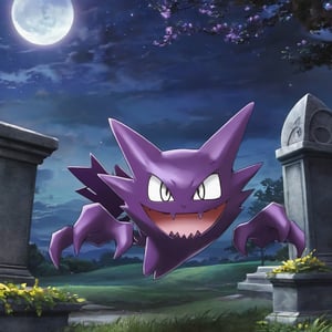 ((masterpiece,best quality)), , Haunter_Pokemon, floating, no humans, pokemon \(creature\),solo, smiling, looking at viewer,graveyard, crescent moon,cinematic composition,