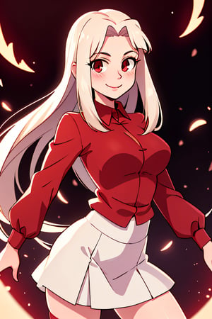 ((masterpiece,best quality)), absurdres, , Irisviel_von_Einzbern, red shirt, white skirt, solo, smiling, looking at viewer, cowboy shot, cinematic composition, dynamic pose