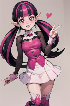 ((masterpiece,best quality)), absurdres,, Draculaura_MH, pink top, black hair, pink hair, multicolored hair, pointy ears,white skirt, pink knee boots, smiling, contrapposto