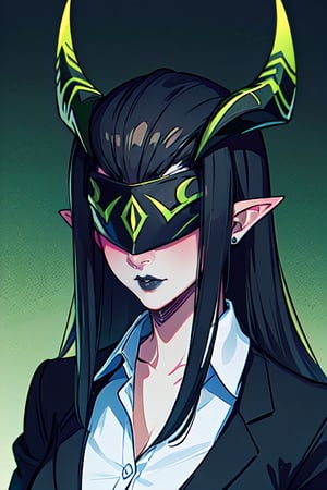 ,  Shemira_AFK, solo, pointy ears, horns, covered eyes, (black hair:1.2), grey blazer, lipstick, open white shirt, lawyer, best quality, masterpiece, ultra high res, detailed skin, high detail,