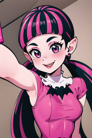 ((masterpiece,best quality)), absurdres, , draculaura_mh, pink top, upper body, extremely detailed face, smile, blushing, selfie, holding phone, 