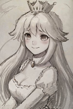 ((masterpiece,best quality)), pretty eyes, detailed face,
(Pencil_Sketch:1.2, messy lines, greyscale, traditional media, sketch), unfinished, hatching (texture) , ((masterpiece,best quality)), absurdres, , Boosette_Mario, 1girl, long hair, white hair, long white dress, ballroom dress, white gloves, solo, smiling, blushing, looking at viewer, cowboy shot,