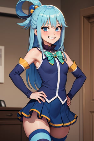 (masterpiece, best quality:1.2), solo, 1girl, ksaqua, grin, looking at viewer, hands on hips, hair rings, blue shirt, bow, detached sleeves, skirt, thighhighs, bare shoulders,