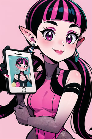 ((masterpiece,best quality)), absurdres, , draculaura_mh, pink top, upper body, extremely detailed face, smile, blushing, selfie, holding phone, 