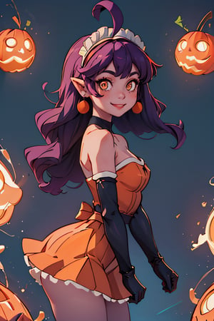((masterpiece,best quality)), absurdres,, Stardust_Pumpkins_Citron_OC, 1girl, solo, long purple hair,  orange eyes, ahoge, pointy ears, orange dress, elbow gloves, bare shoulders, maid headdress, jewelry, earrings, solo, smiling, looking at viewer, cowboy shot, cinematic composition,  , contrapposto, 