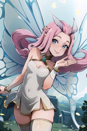 ((masterpiece,best quality)), absurdres,, Tasi_AFK, long pink hair, fairy, fairy wings, dress, thighhighs,   side view, solo, smiling, looking at viewer, cowboy shot, cinematic composition, dynamic pose, contrapposto, 