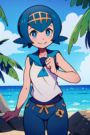 ((masterpiece,best quality)), absurdres,, Lana_Pokemon, sailor collar, sleeveless shirt, blue pants, solo, smiling, looking at viewer, cowboy shot, tropical background, cinematic composition, dynamic pose,