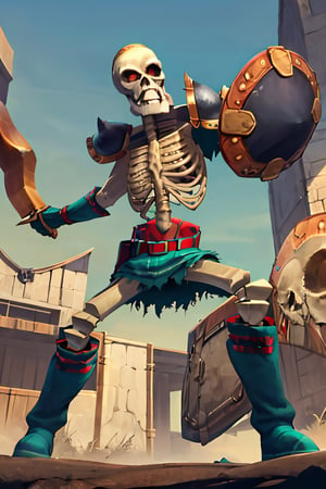 ((masterpiece,best quality)), absurdres,
, Stalfos_Zelda_OOT, (sword, swinging sword), 
skeleton, solo, 1boy, skull, armor, red eyes, no humans, ribs, belt, boots, spikes, shield, 
solo, smiling, looking at viewer, cowboy shot,
cinematic composition, dynamic pose,