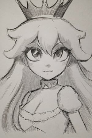 ((masterpiece,best quality)), pretty eyes, detailed face,
(Pencil_Sketch:1.2, messy lines, greyscale, traditional media, sketch), unfinished, hatching (texture) , ((masterpiece,best quality)), absurdres, , Boosette_Mario, 1girl, long hair, white hair, long white dress, ballroom dress, white gloves, solo, smiling, blushing, looking at viewer, cowboy shot,