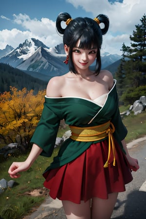 ((masterpiece,best quality)), absurdres,, Yurin_DB,  green kimono, red skirt, sarashi, single bare shoulder, Detailed face, smiling, looking at viewer, mountain in background, cinematic composition, dynamic pose,