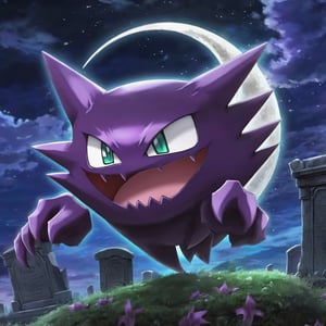 ((masterpiece,best quality)), , Haunter_Pokemon, floating, no humans, pokemon \(creature\),solo, evil smile, looking at viewer, graveyard, crescent moon,cinematic composition, ,Leonardo Style