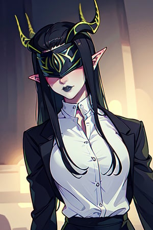 ,  Shemira_AFK, solo, pointy ears, horns, covered eyes, (black hair:1.2), grey blazer, lipstick, open white shirt, lawyer, best quality, masterpiece, ultra high res, detailed skin, high detail,