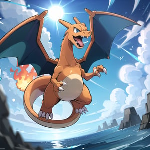 ((masterpiece,best quality)), absurdres, award winning photo,  Charizard_Pokemon, flame-tipped tail, wings,3d, blue_sky, cloud, cloudy_sky, day, depth_of_field, explosion, jumping, motion_blur, no_humans, ocean, open_mouth, outdoors, pokemon_\(creature\),  sky, sun,   
