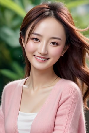 (masterpiece, Best Quality, photorealistic, ultra-detailed, finely detailed, high resolution, 8K wallpaper), 1 beautiful asian woman(Meng Wanzhou ,Sabrina Meng), smile, in fashionable pink knitted clothes, light-brown messy hair, earrings, necklace, perfect dynamic composition, beautiful detailed eyes, realistic detailed skin texture, in the city, full-body portrait, sharp-focus, like a cover of a fashion magazine, ,xxmix_girl,beautymix,FilmGirl, Meng Wanzhou ,Sabrina Meng, sexy smile,