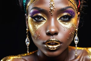 closeup face portrait of a black skinned woman, long eyelashes, nose piercing, dripping liquid gold from face, diamonds gemstone on skin, black matted lips, colorful eye shadow, finger on the lips, gold glitter applicartions on face, dark background, ,DonML1quidG0ldXL 