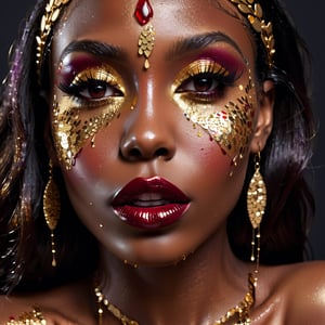 closeup face portrait of a black skinned woman, long eyelashes, dripping liquid gold from face, wine red lips, colorful eye shadow, finger on the lips, gold glitter applicartions on face, , decoration, dark background, ,DonML1quidG0ldXL 