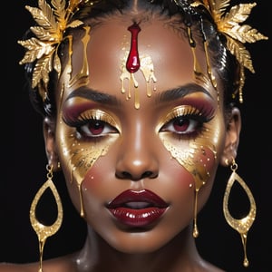 closeup face portrait of a black skinned woman, long eyelashes, dripping liquid gold from face, wine red lips, colorful eye shadow, finger on the lips, gold glitter applicartions on face, dark background, ,DonML1quidG0ldXL 