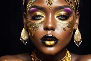 closeup face portrait of a black skinned woman, long eyelashes, nose piercing, dripping liquid gold from face, diamonds gemstone on skin, black matted lips, colorful eye shadow, finger on the lips, gold glitter applicartions on face, dark background, ,DonML1quidG0ldXL 