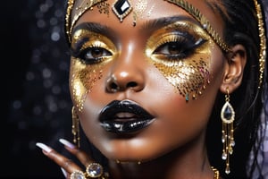 closeup face portrait of a black skinned woman, long eyelashes, nose piercing, dripping liquid gold from face, diamonds gemstone on skin, black matted lips, colorful eye shadow, finger on the lips, gold glitter applicartions on face, dark background, ,DonML1quidG0ldXL 