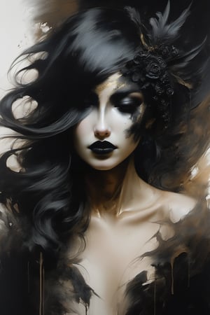 Scumbling painting of a woman with black makeup on her face, no eyes, roughly painted skin, messy paint strokes, by Bastien L. Deharme, gothic art, style of Ashley Wood, bronze and black metal, Sakimichan Frank Franzzeta, beautiful portrait of a hopeless, Ruan Jia and Joao Ruas, watercolors and oil on canvas