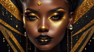 closeup face portrait of a black skinned woman 30 yo, small nose, long eyelashes, nose piercing, dripping liquid gold from face, diamonds gemstone on skin, black matted lips, colorful eye shadow, gold glitter applicartions on face, dark background,  symetrical geometry , ,DonML1quidG0ldXL 