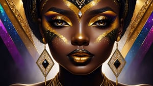 closeup face portrait of a black skinned woman 30 yo, small nose, long eyelashes, nose piercing, dripping liquid gold from face, diamonds gemstone on skin, black matted lips, colorful eye shadow, gold glitter applicartions on face, dark background,  symetrical geometry , ,DonML1quidG0ldXL 