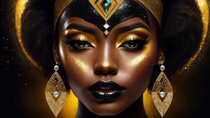 closeup face portrait of a black skinned woman 30 yo, small nose, long eyelashes, nose piercing, dripping liquid gold from face, diamonds gemstone on skin, black matted lips, colorful eye shadow, gold glitter applicartions on face, dark background,  symetrical geometry , ,DonML1quidG0ldXL 